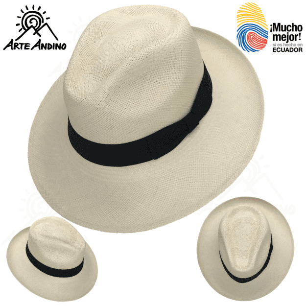 Der Europeo Especial – Panamahut Bogartform mit weißem Fedora und schwarzem Band, aus drei Perspektiven präsentiert, fängt die Essenz eines originalen Panamahuts ein. Ecklogos: „Arte Andino“ und „¡Mucho mejor! si es hecho en ECUADOR“.