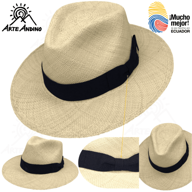 Panamahut ecuadorianischen Strohhuts mit schwarzer Schleife, der mehrere Winkel auf einem weißen Hintergrund zeigt und das Logo „Arte Andino“ und den Text „¡Mucho mejor! ECUADOR“