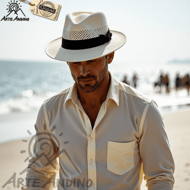 Ein Mann, der einen Panamahut Fresco Classic, einen Bogart Fedorahut Hut Unisex mit luftiger Flechtung und ein beiges Hemd trägt, steht an einem Strand. Im Hintergrund sind Menschen und das Meer unscharf.